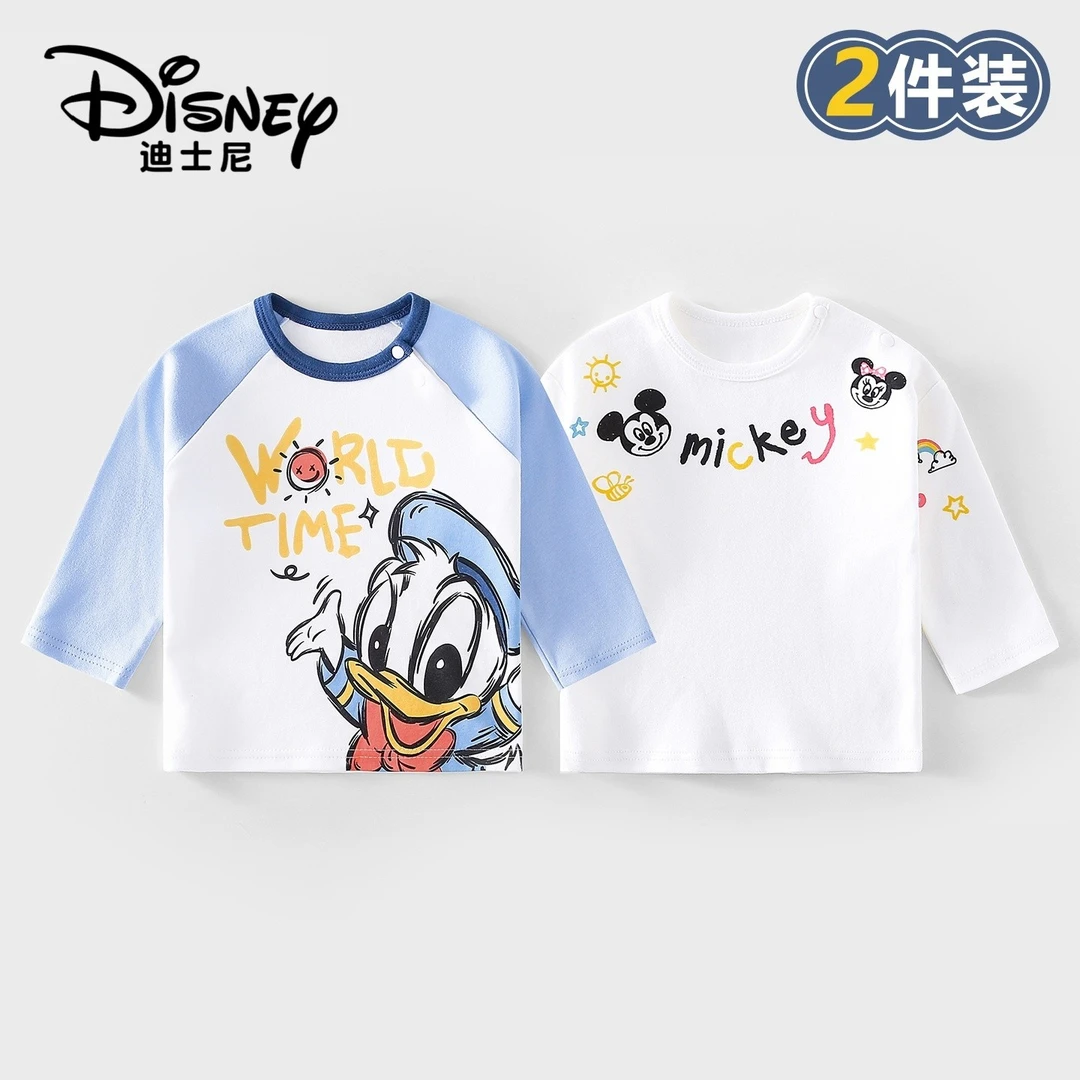 Disney/迪士尼婴幼儿纯棉长袖t恤秋季宝宝卡通衣服洋气上衣2件装