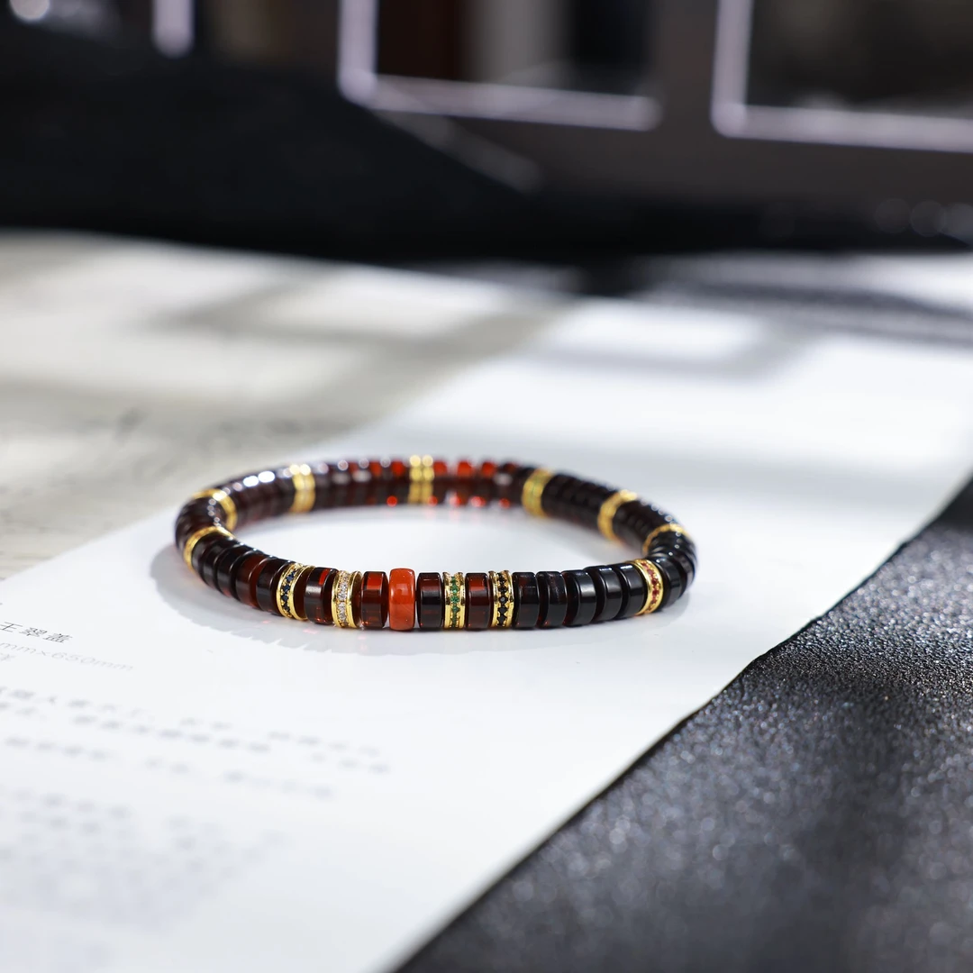 【朱片串】心如珠宝 血珀药片珠手串 A02782