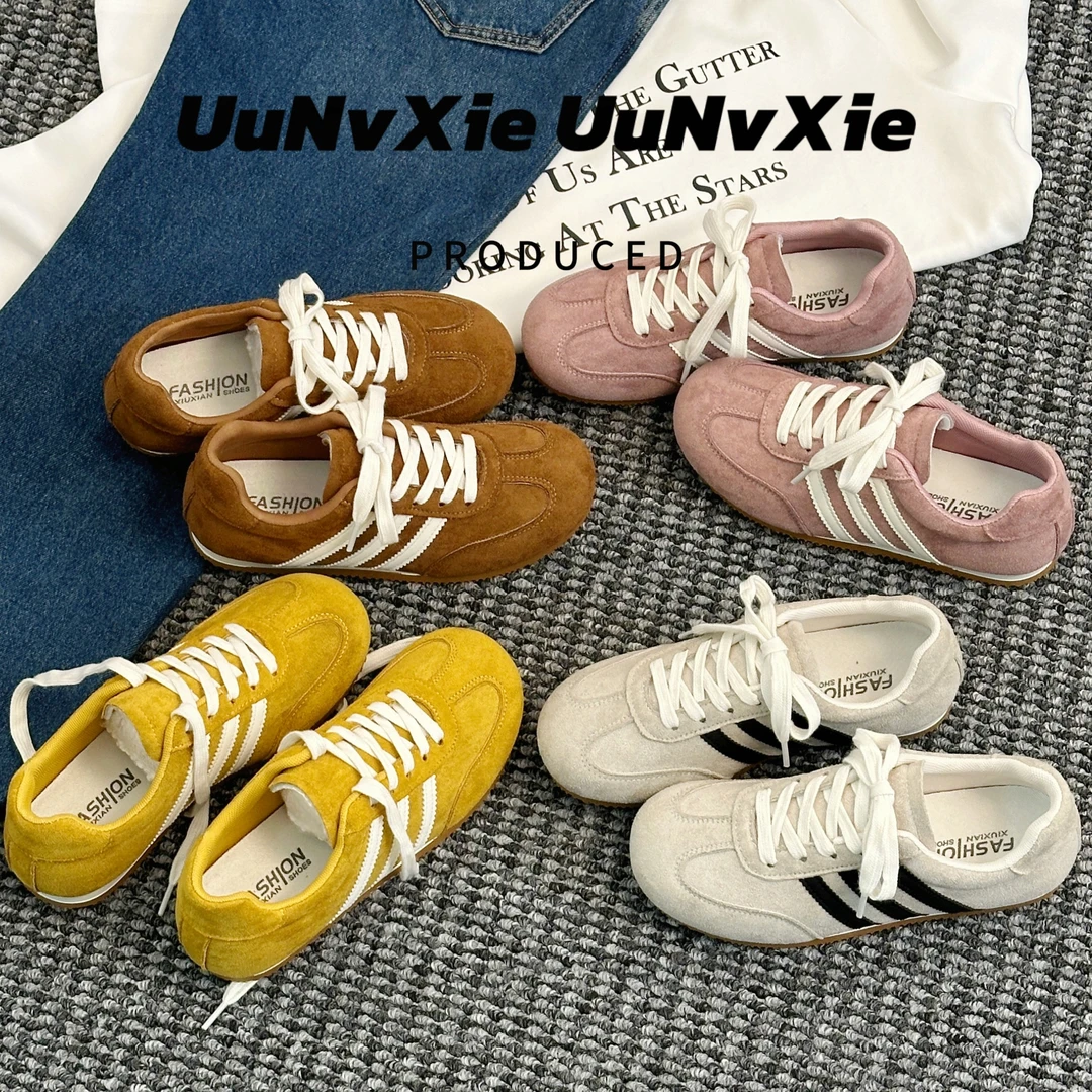 2025春夏复古拼色厚底百搭休闲运动鞋女韩版德训鞋低帮系带阿甘鞋