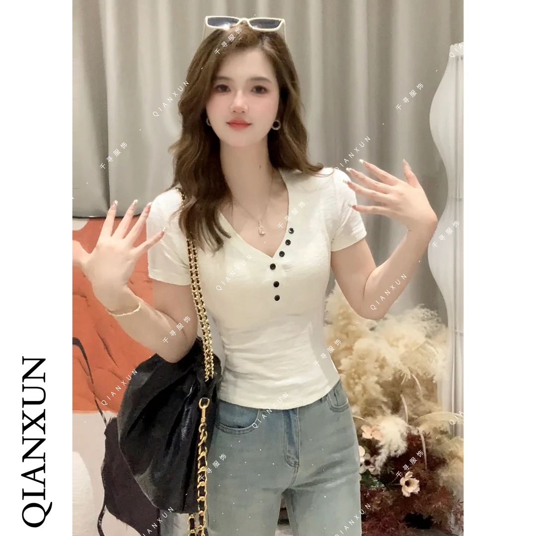 千寻家 基础款V领纽扣T恤女装夏季新款韩版时尚修身显瘦短袖上衣