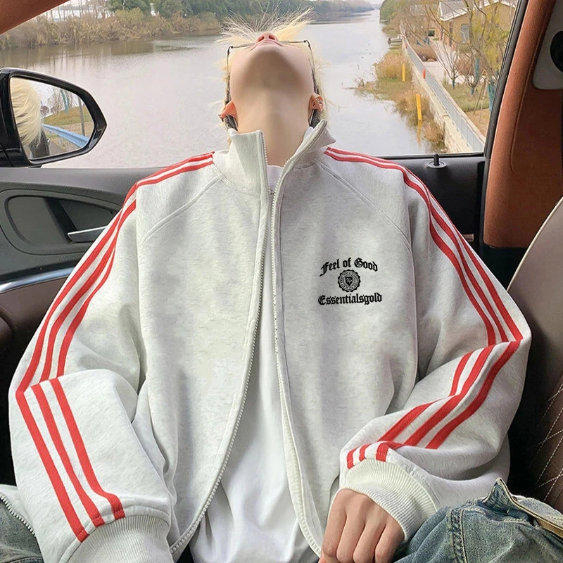 美式设计感字母印花三条杠开衫拉链卫衣休闲宽松秋冬立领情侣外套