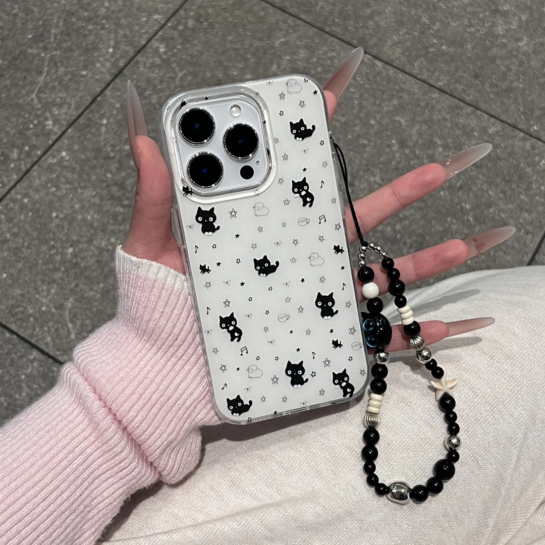 奥菲顿呆萌黑猫挂链适用iPhone16大孔手机壳华为vivo小米15oppo套