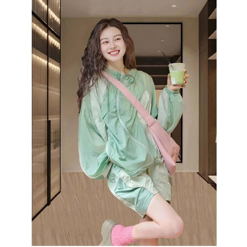 高级感夏季防晒套装女爆款拼接撞色防晒衣休闲洋气百搭短裤两件套