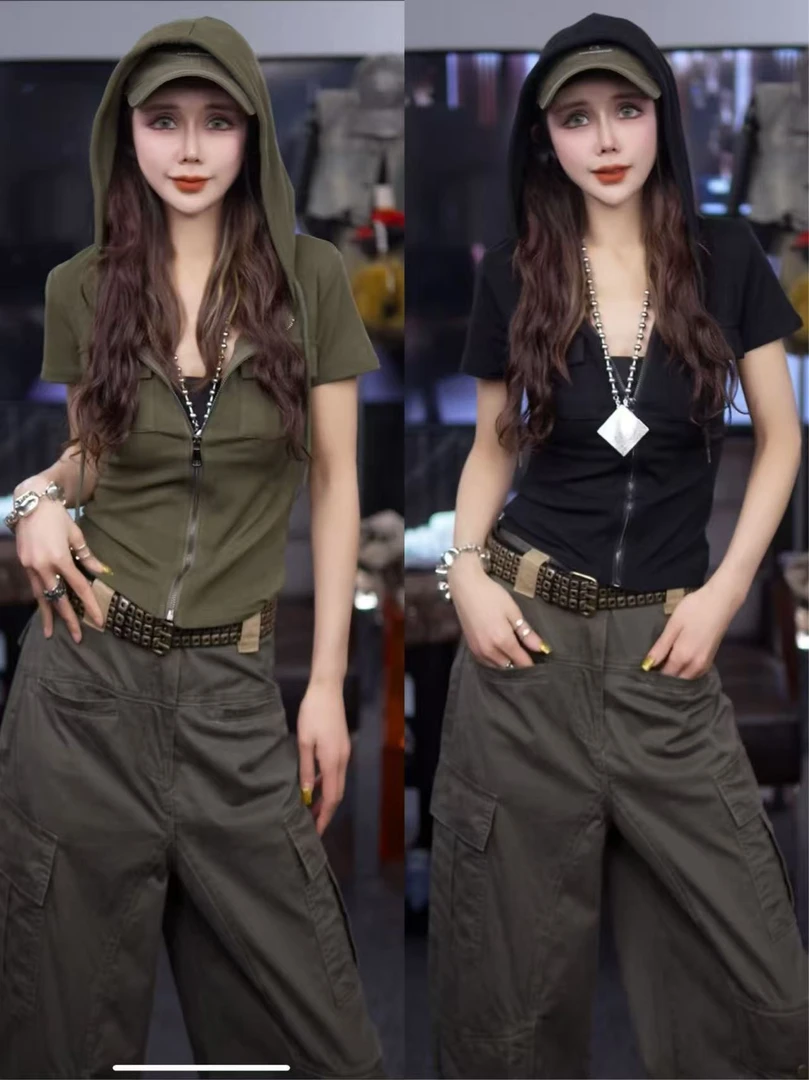 星宝原创工装风格连帽拉链开衫短袖2025夏新款又甜又辣上衣设计感