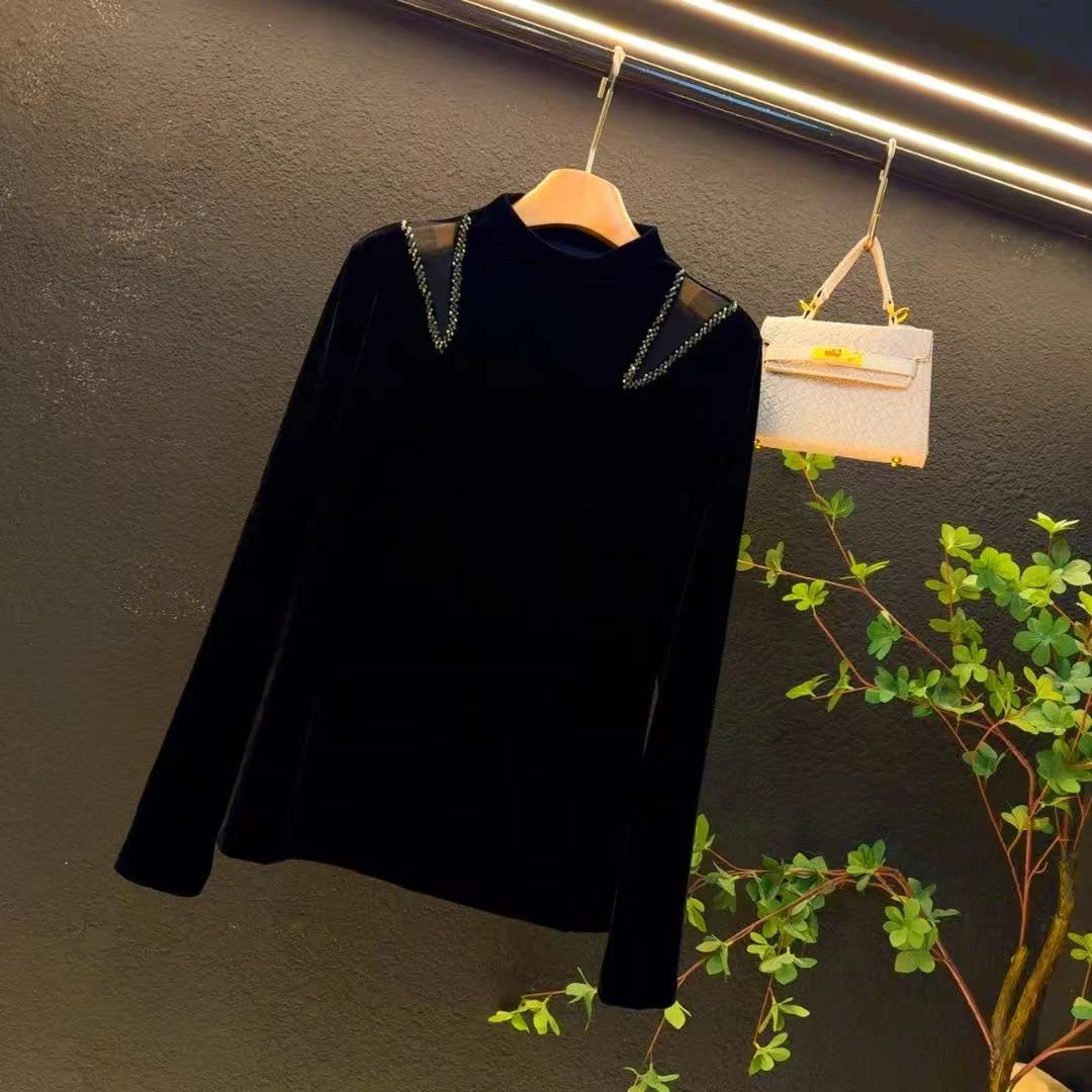 新款大码2025半高领重工拼接网纱洋气显瘦丝绒上衣/33338
