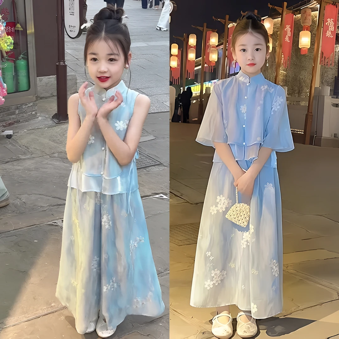 女童短袖新中式套装夏季2025新款儿童汉服童装女孩夏装薄款两件套