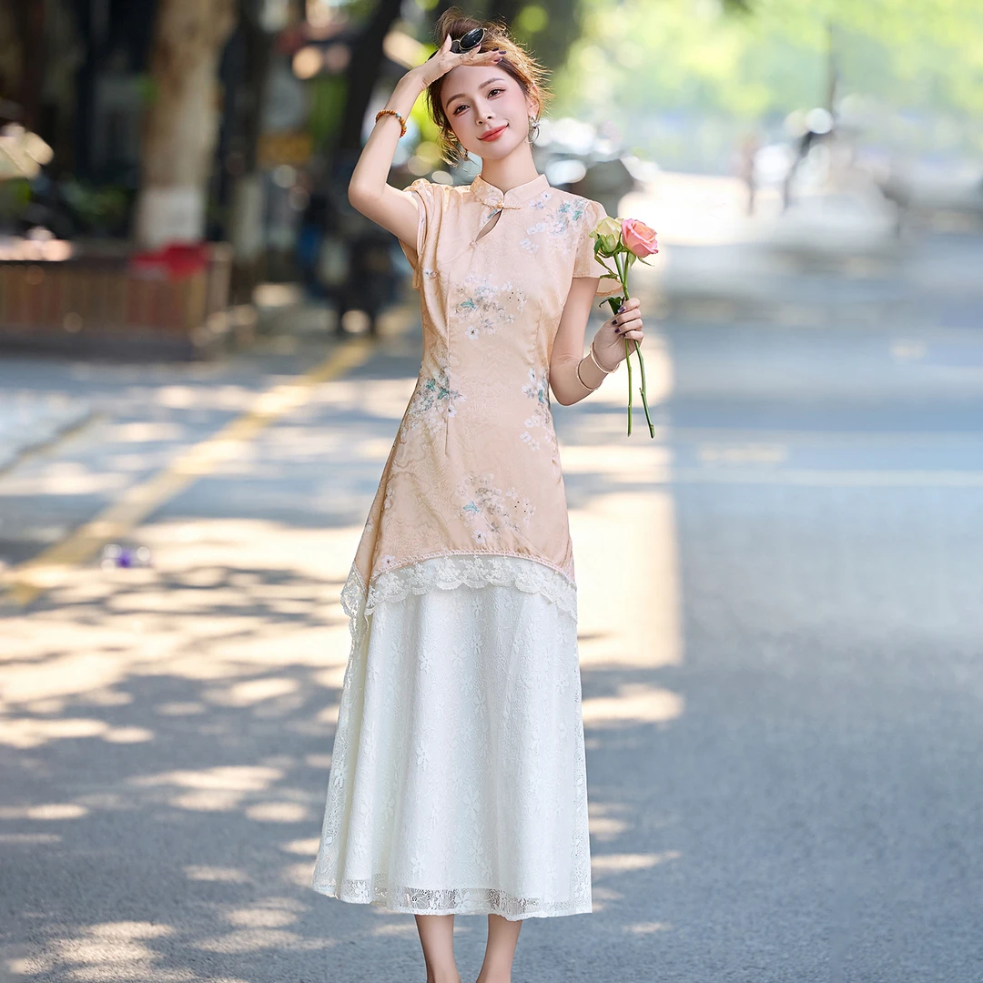 新中式国风蕾丝拼接改良旗袍裙假两件连衣裙2025夏季新款气质裙子