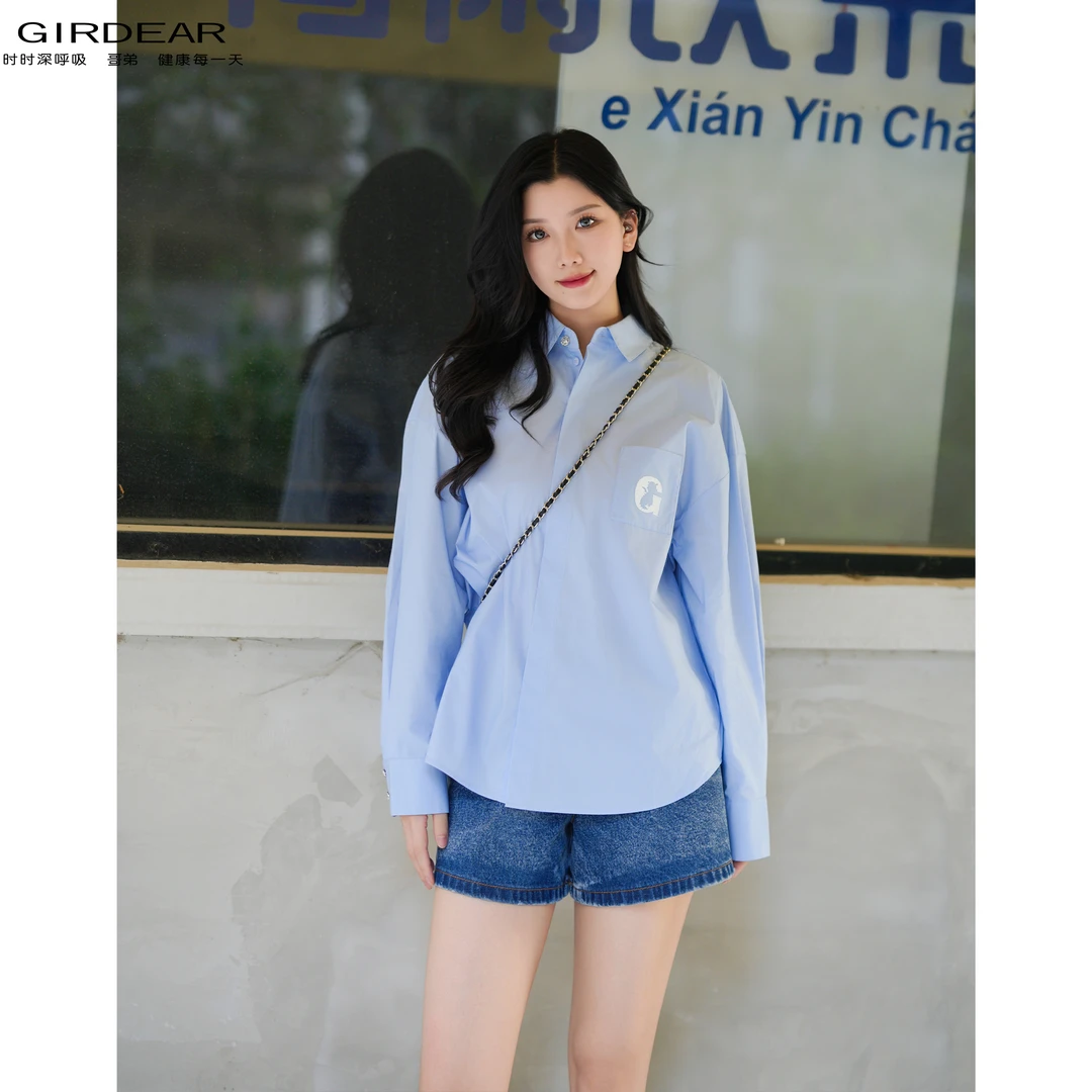 GIRDEAR/哥弟新款精致细节简约百搭宽松纯色长袖休闲衬衫 1300989