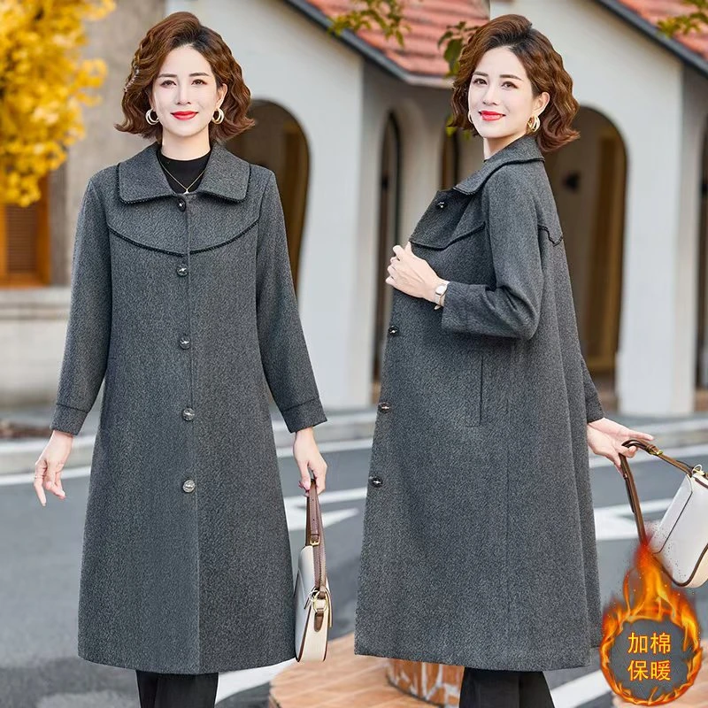 冬季加厚毛呢大衣时尚妈妈装长款气质高贵洋气中老年女夹棉服外套