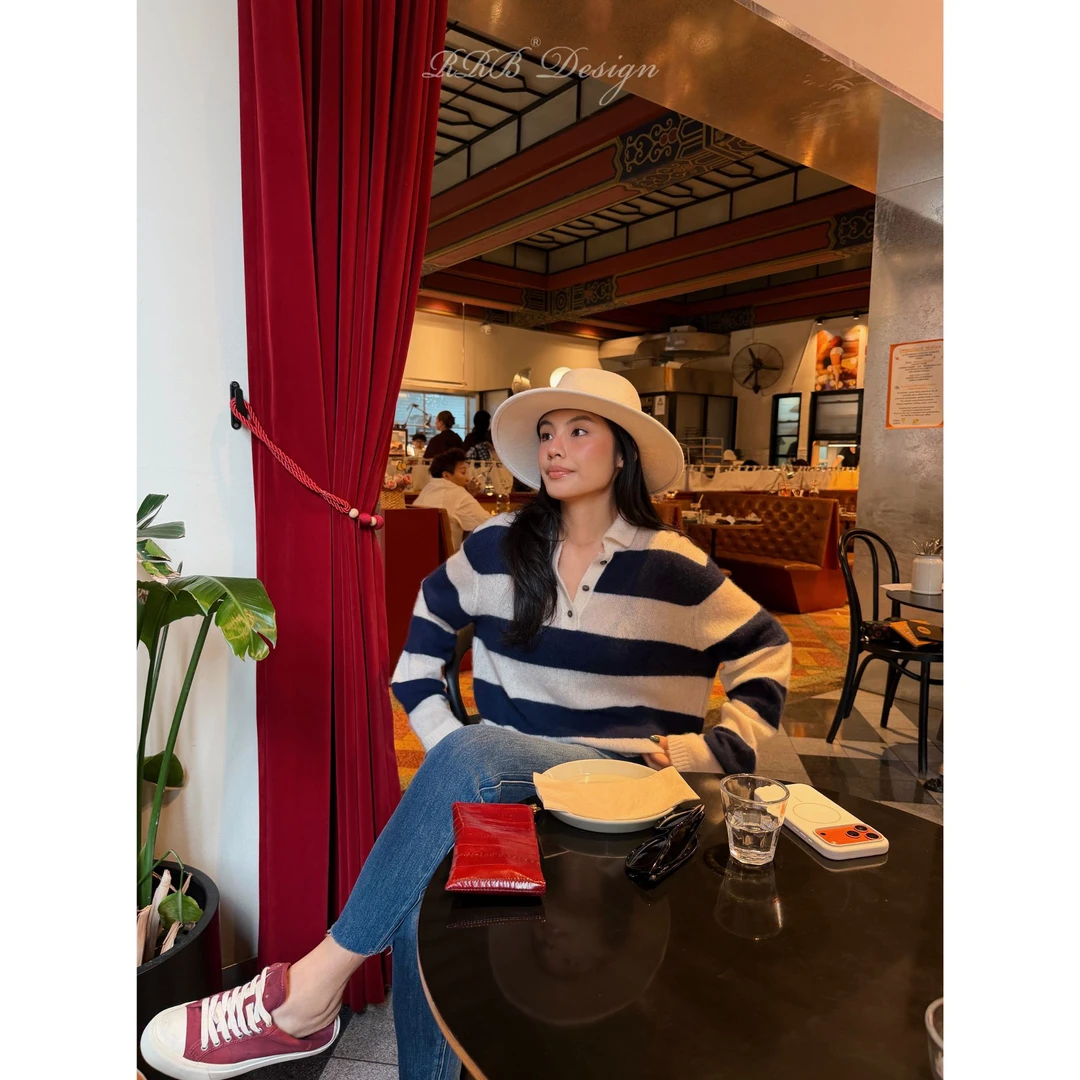 RRB Design桑蚕丝羊绒混纺经典宽条纹翻领毛衣