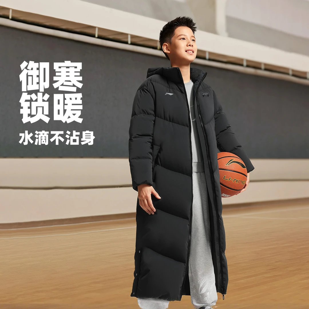 R李宁儿童童装男大童反光防泼水宽松鸭绒超长羽绒服YYMV097