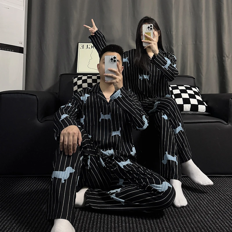 韩版ins条纹情侣睡衣女款春秋季纯棉长袖卡通小狗男士家居服套装