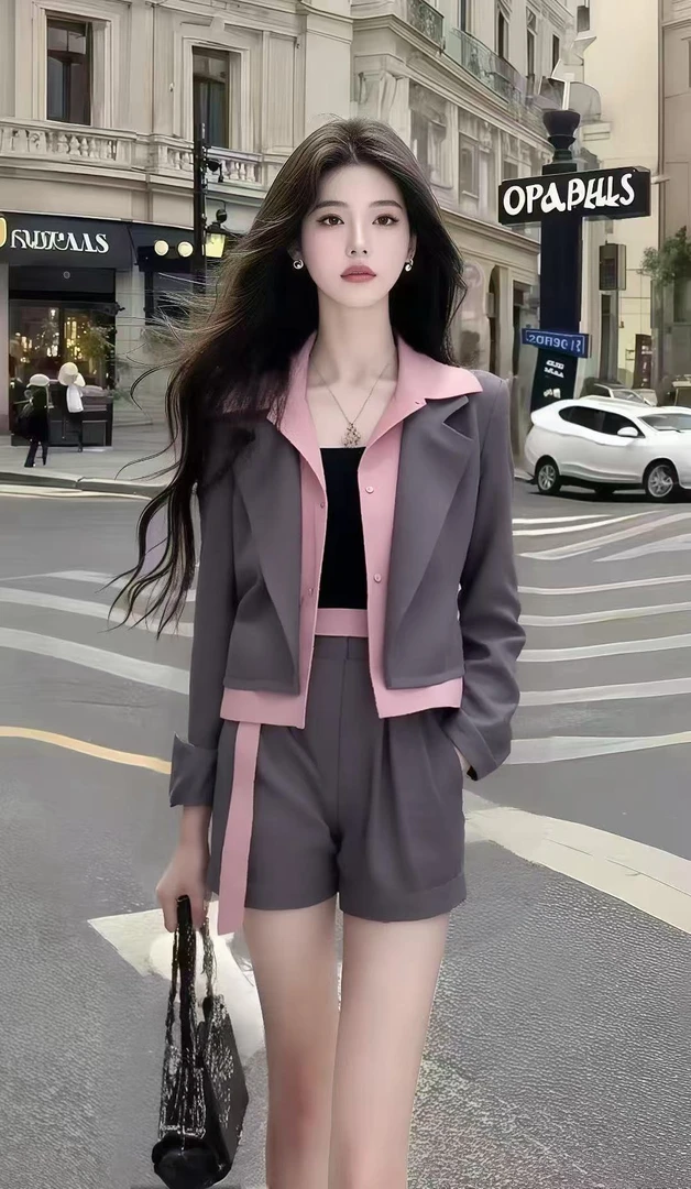 秋季时尚新款小众设计高级撞色长袖翻领外套+百搭灰色短裤两件套