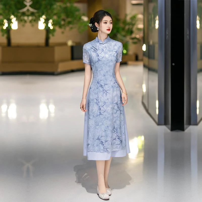 专柜品牌奥黛旗袍改良版连衣裙小个子中年妈妈春夏季年轻气质日常