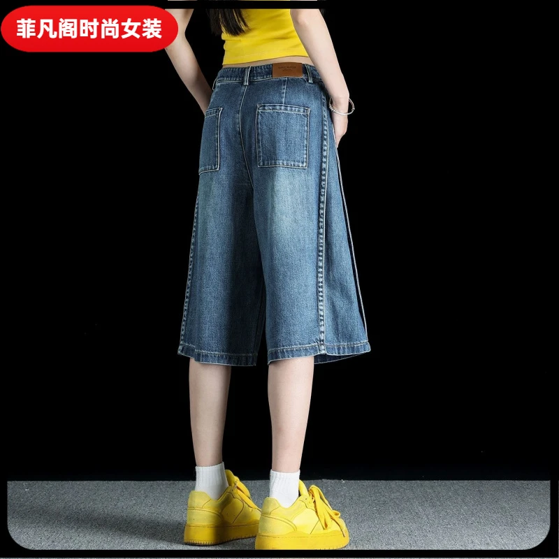 I牛仔短裤女五分裤2025夏季薄款高腰直筒中裤阔腿六分裤小众1