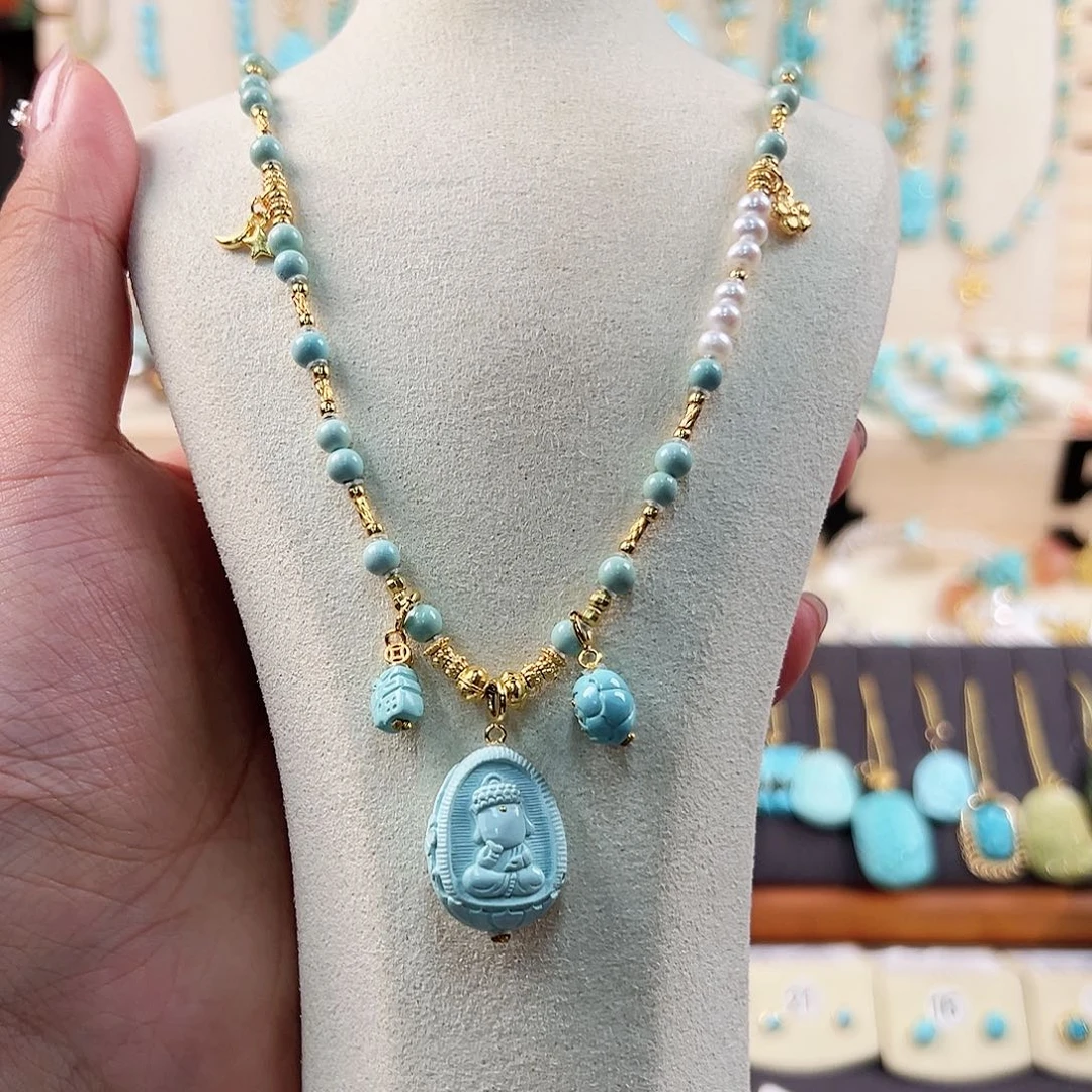 绿松石银S925镀金镶嵌套链