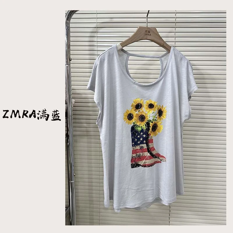 ML8673 夏季新款宽松圆领印花镂空后背落肩无袖T恤