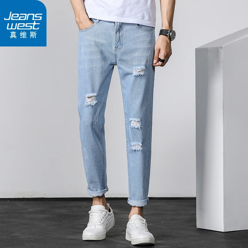真维斯破洞牛仔裤男夏季直筒修身裤薄款新款爆款休闲裤九分裤子