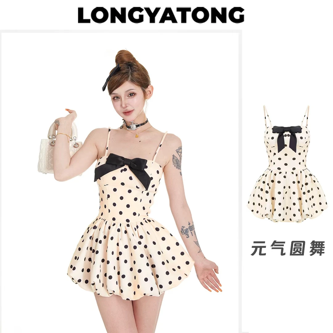 (清)龙牙童推荐【元气圆舞】显瘦细吊带连衣裙性感波点少女甜美韩版