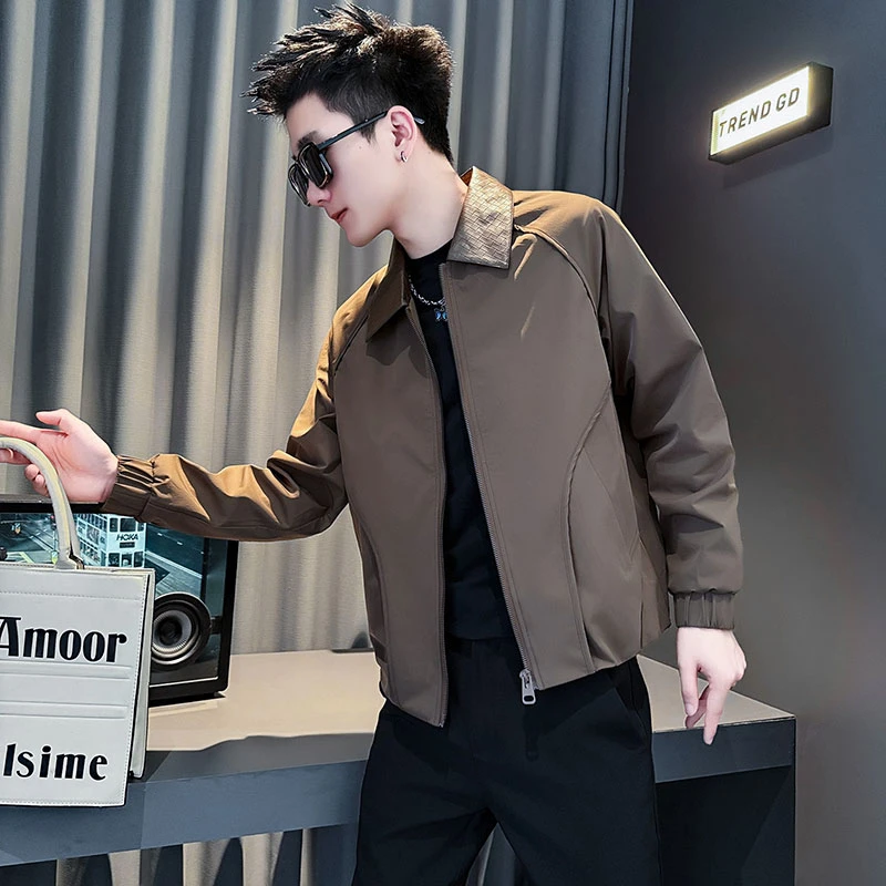 男士外套春秋季新款网红洋气炸街男装高级感痞帅拼接翻领休闲夹克