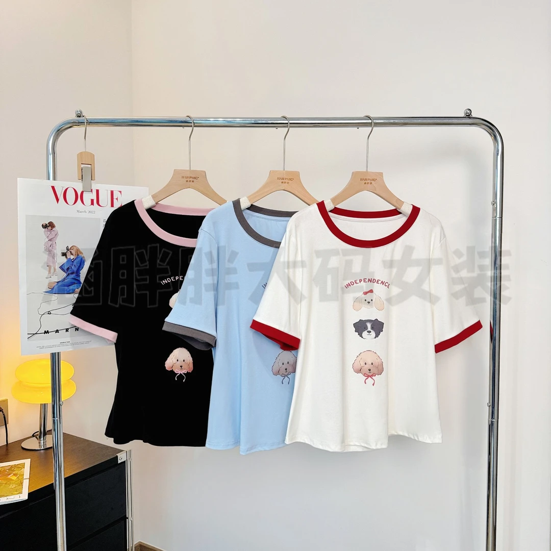 【涵胖胖】清2025夏撞色圆领小狗印花短袖T恤正肩显瘦上衣64355【B】