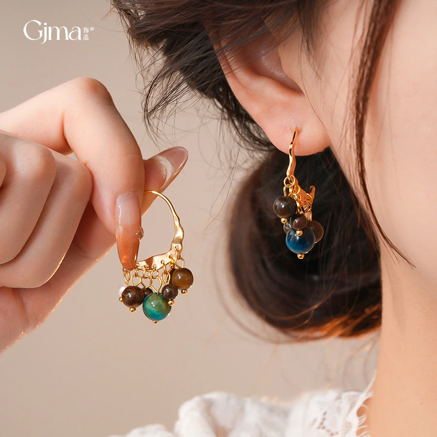 18k真金电镀复古虎眼石串珠珍珠耳环轻奢高级感耳钩时尚个性耳饰