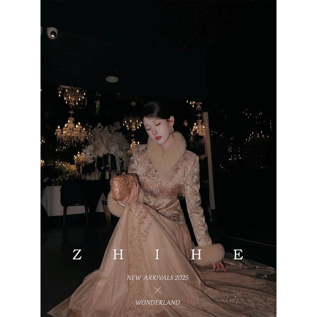 无艳一禾【宫廷旧梦】重工提花收腰狐狸毛羽绒服+蕾丝纱半裙+毛领