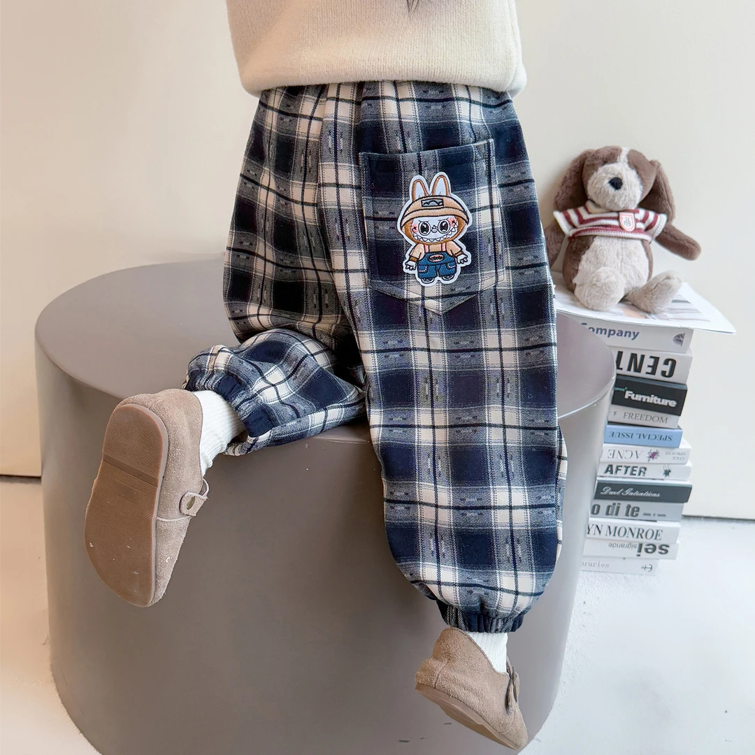 女童加绒裤子洋气儿童秋冬装新款女宝宝格子休闲裤中小童束脚保暖