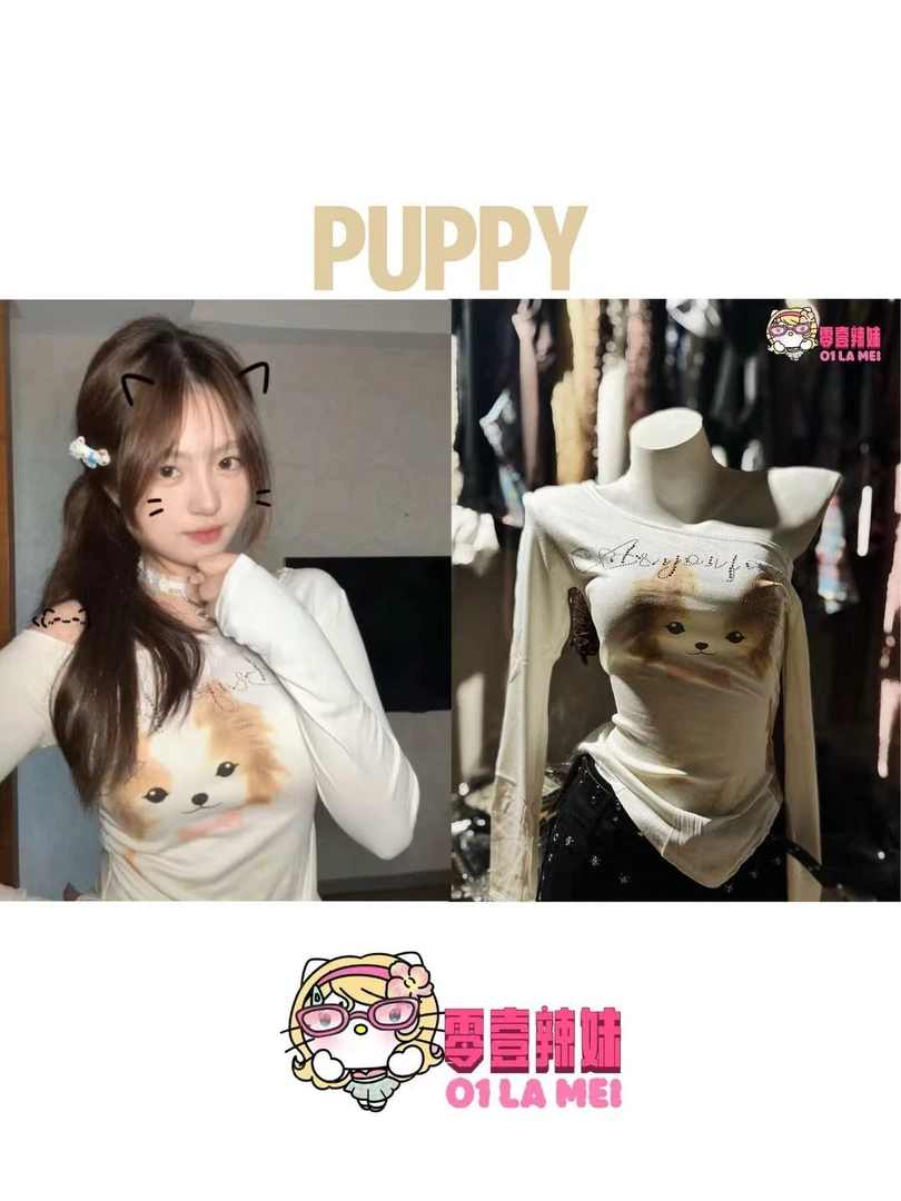 【零壹 Puppy】烫钻斜领印花修身T 美背蝴蝶结也可以自由垂在前面