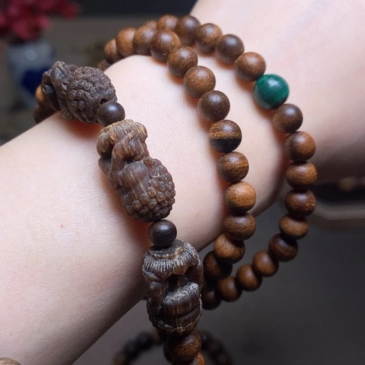 沉香手串越南芽庄黄棋玉化0.6+芽庄绿棋三不沉香木雕配饰