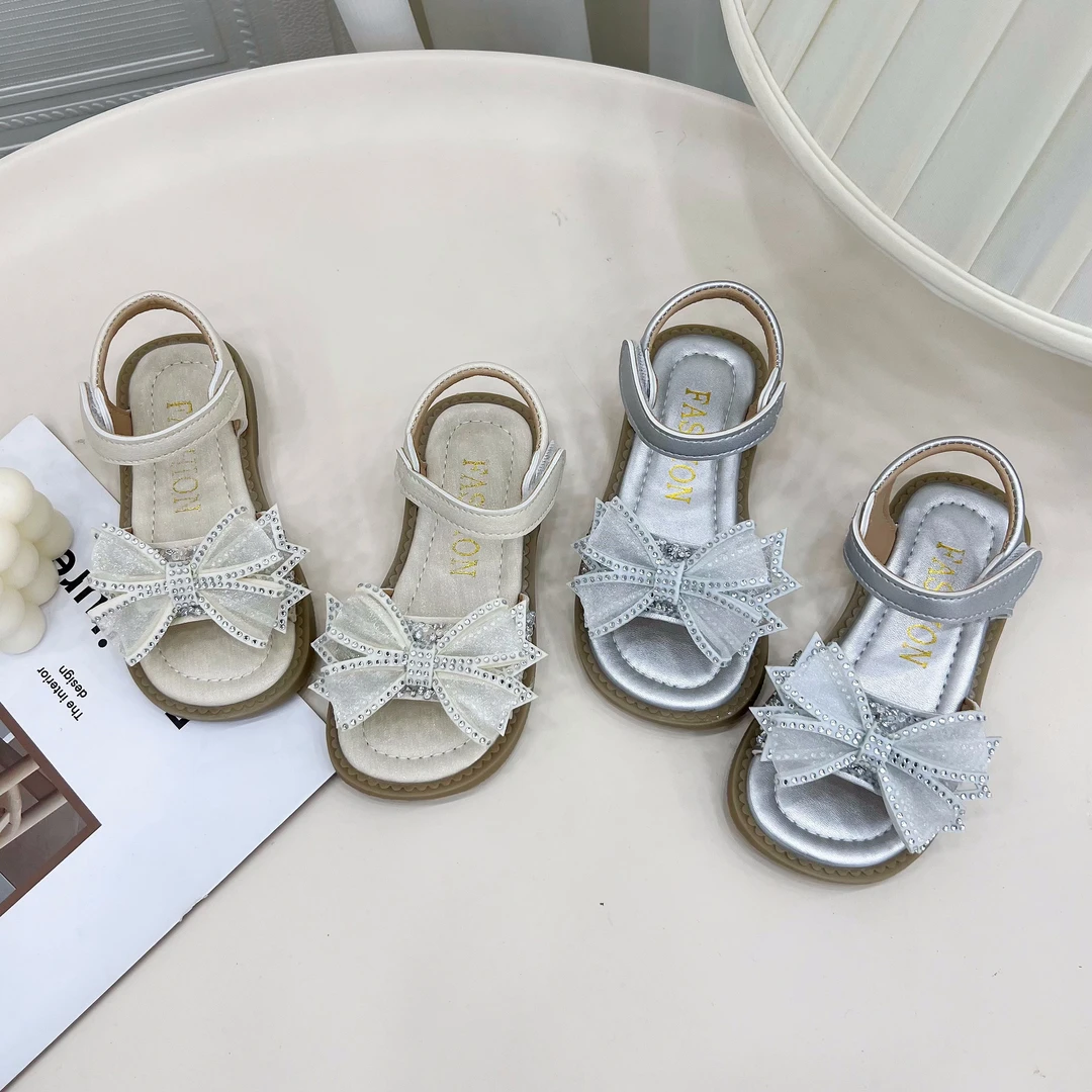 女童露趾软底凉鞋夏季新款蝴蝶结亮片公主鞋沙滩鞋7250