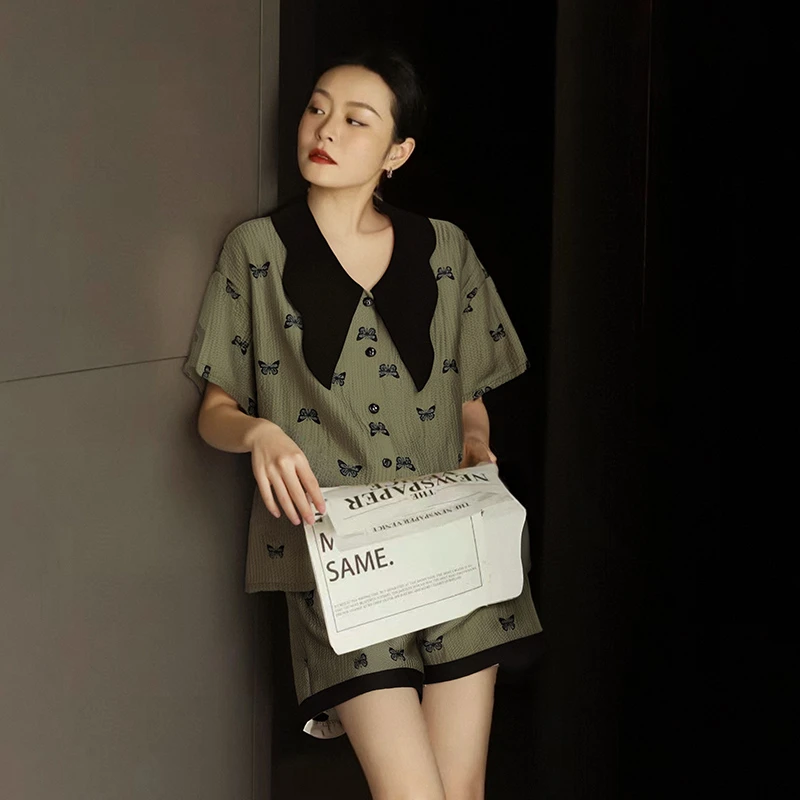 纯禧春夏套装睡衣翻领短裤家居服套装皮筋家居服夏季短袖时尚