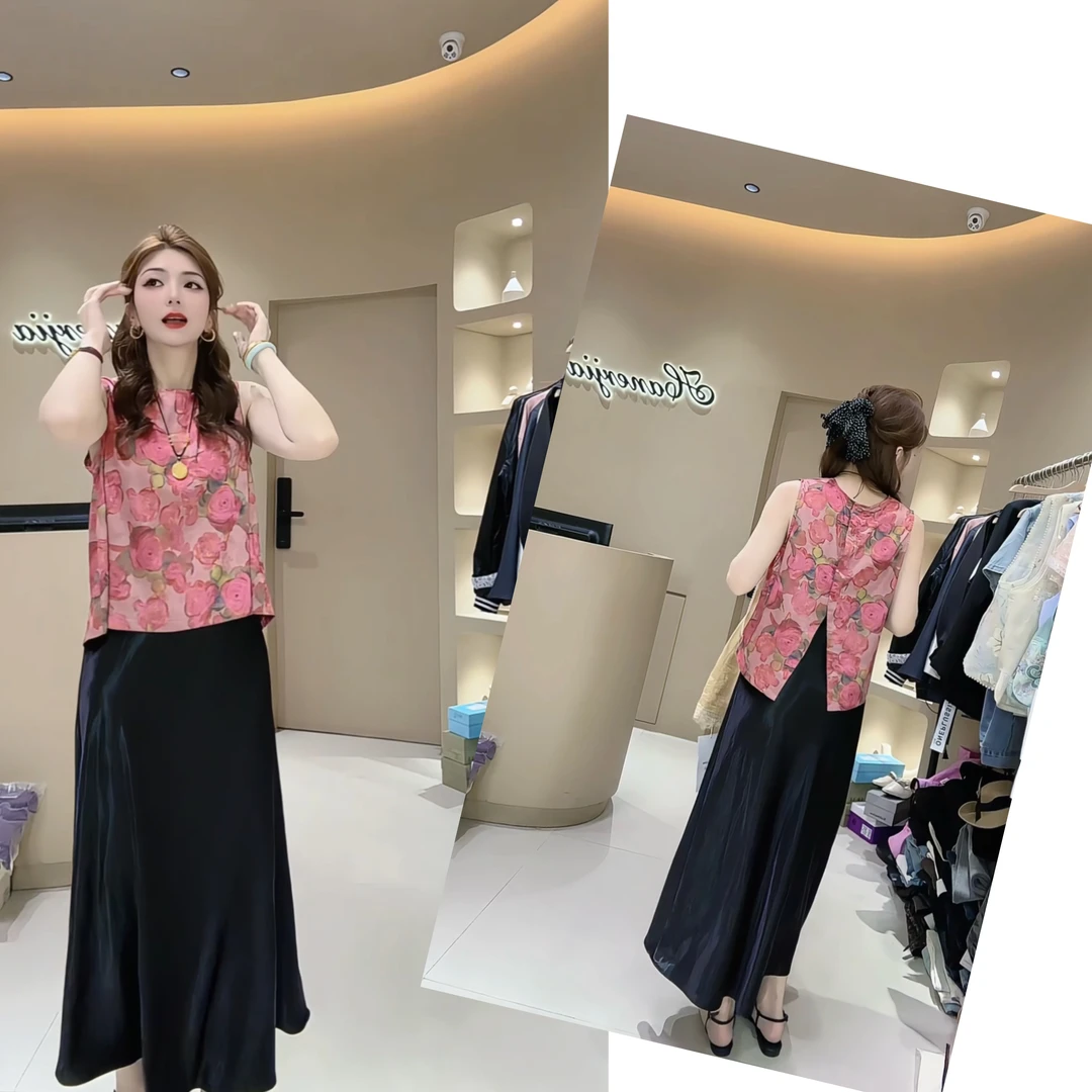 涵儿家 新中式印花后背开叉背心 VS 松紧腰光泽感缎面A字半裙