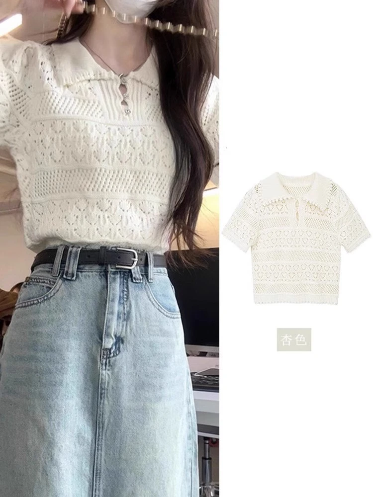 短袖轻职风镂空POLO领T恤牛仔小众泡泡袖宽松高腰复古韩版女款