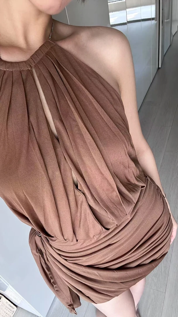 挂脖链条百褶包臀裙短裙25161