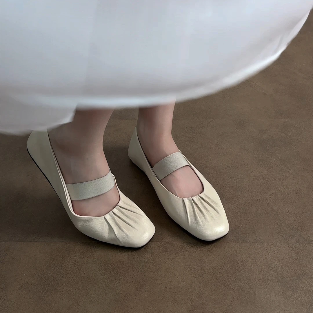 1cm/ED2334羊皮软底温柔低跟单鞋女浅口平底法式圆头玛丽珍奶奶鞋