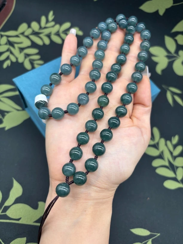 高端天然A货翡翠冰种深蓝水圆珠10mm玉石挂件绳毛衣链项链百搭款