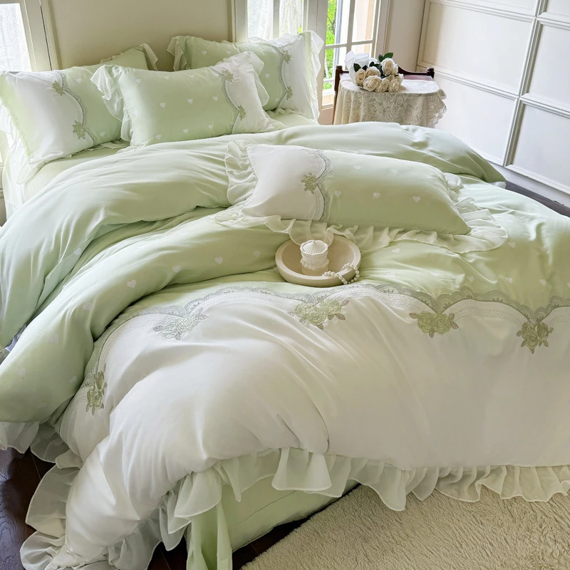 韩式刺绣四件套水洗棉少女床品三件套宿舍床单被罩绣花边双人被套
