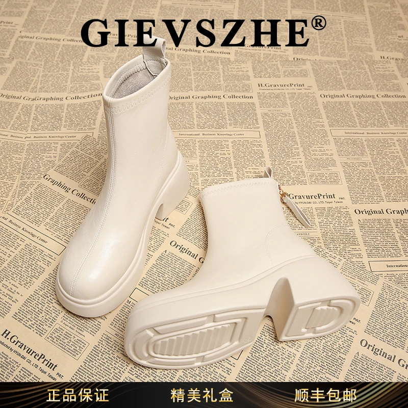 纪诗哲白色粗跟短靴女款冬季新款时尚厚底百搭马丁靴小众潮流鞋子