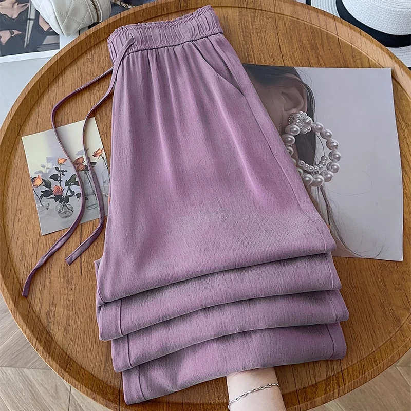 拉夏贝尔高级感垂顺阔腿裤女夏季薄款2025新款松紧高腰宽松直筒裤