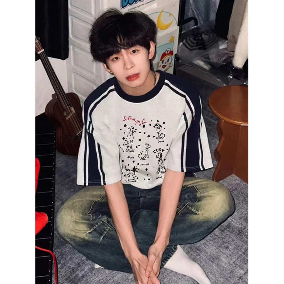 100%纯棉美式斑点狗狗印花拼接插肩短袖T恤男女夏季休闲情侣上衣