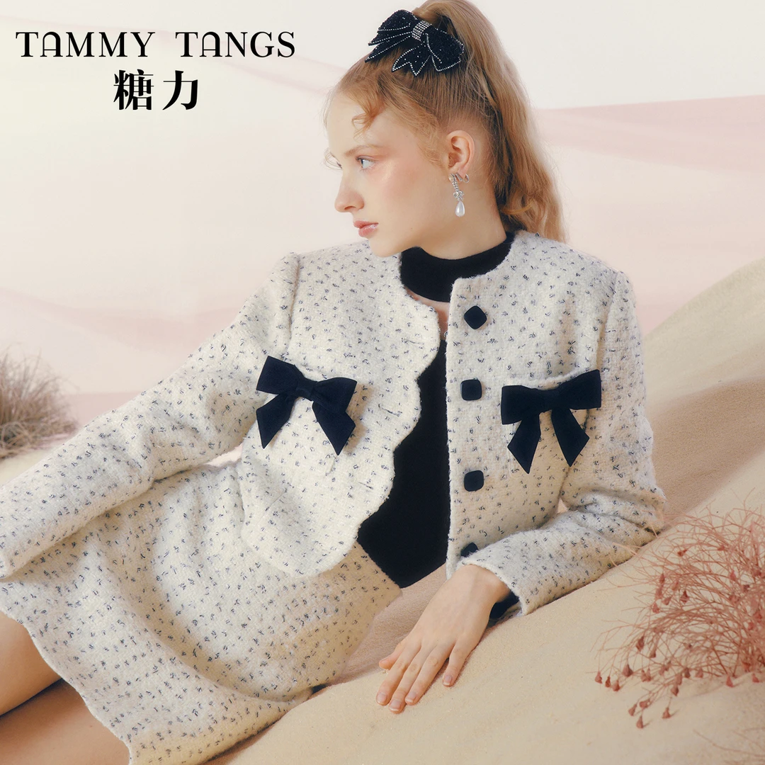 【商场同款】糖力秋冬季精致高级感蝴蝶结装饰肌理小香风短外套女