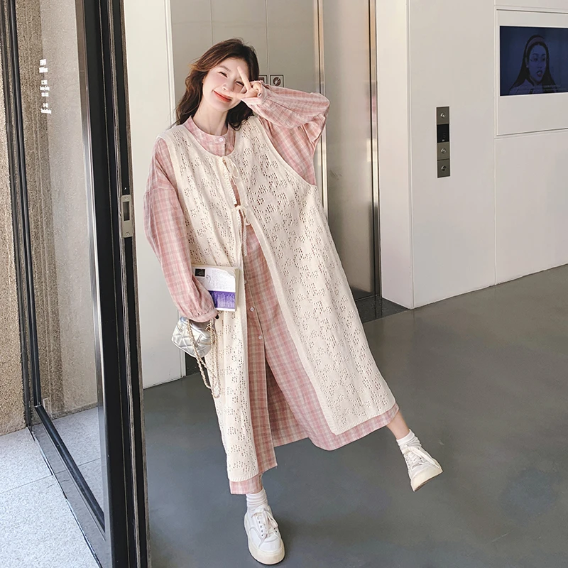 粉色格纹连衣裙镂空罩衫两件套女春季新款韩系甜美少女穿搭套装裙