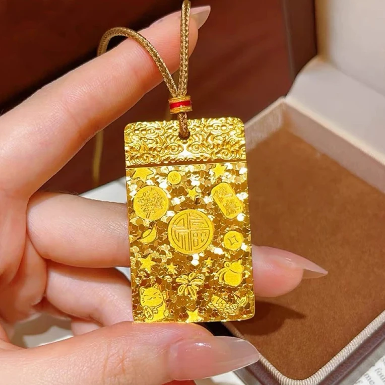铜合金布艺项链 新中式碎冰冰吉言福牌平安牌项链实心无事牌