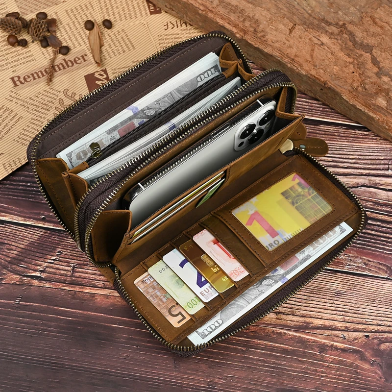 真皮复古休闲新款大容量长款钱包双拉链手拿包男款手包时尚手机包