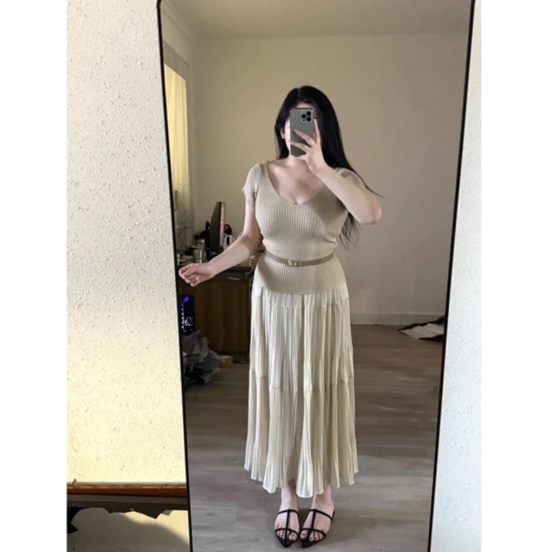 针织短袖温柔垂感压褶长款宽松仙女古早风女半身裙套装