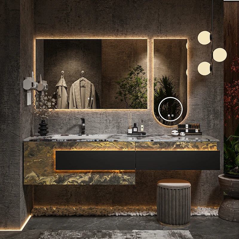 【可定制】高端酒店风定制岩板无缝盆浴室柜组合卫生间洗漱洗脸洗