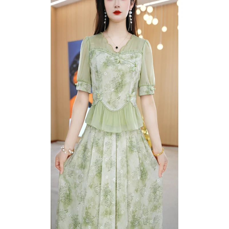 【上下套装】夏款设计感气质复古女装气质减龄两件套套装裙M-4XL