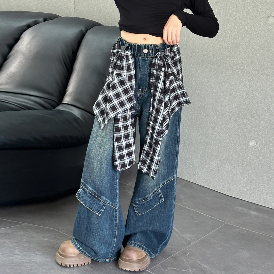 女童牛仔裤秋季2025新款洋气大童屁帘阔腿裤春秋儿童直筒裤子潮款
