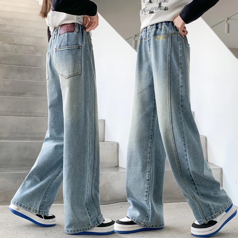 女童裤子儿童春秋季牛仔裤2025新款中大童直筒裤女孩窄版阔腿裤潮